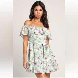 New Medium Lulus French Gardens Green Burnout Floral Off-the-Shoulder Mini Dress